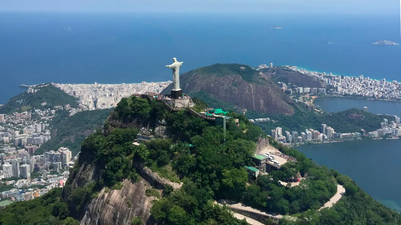 Tourist couple enjoying a scenic Rio de Janeiro helicopter ride