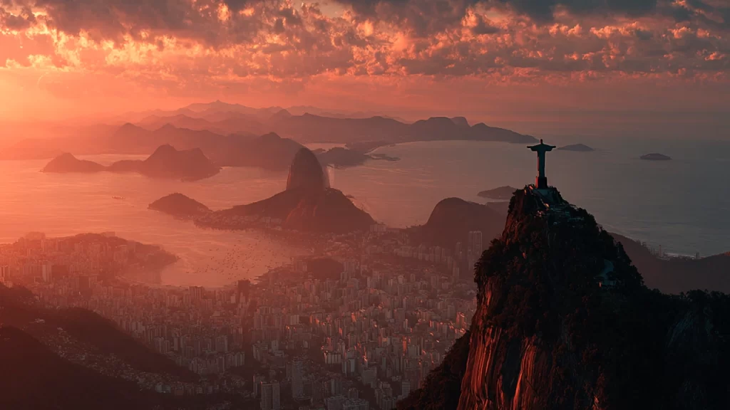 Aerial view of Sugarloaf Mountain and Copacabana Beach from a Rio helicopter ride