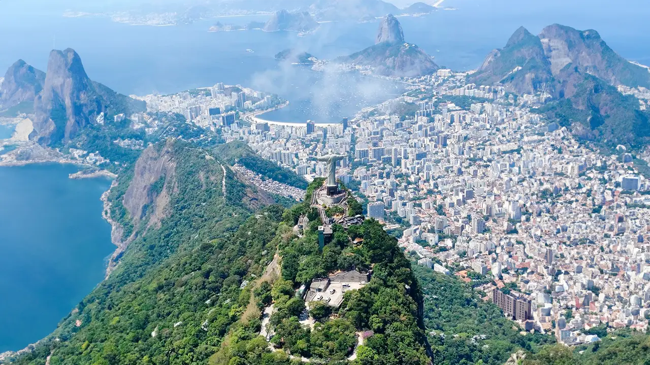 Aerial helicopter view of Barra Beach, Olympic Park, and Rio’s stunning coastline